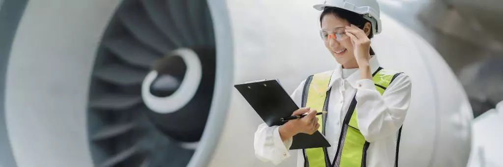 mulher em frente à aeronave com prancheta